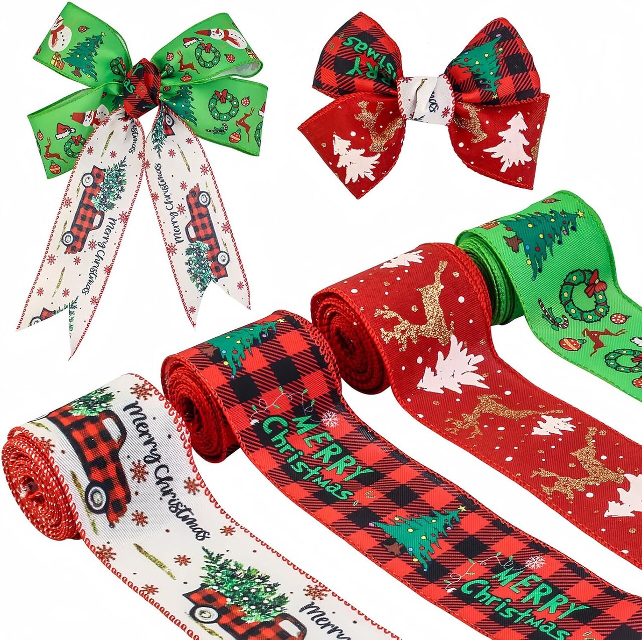 Christmas Ribbon Wired 2.5 Inch 4 Roll 20Yards Christmas Tree Ribbons Red Green Plaid Christmas Burlap Ribbons for Wreaths Tree Decorations & DIY Gift Wrapping